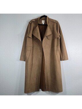 H&M Trench Coat Women Small Brown Faux Suede Open Front Long Sleeve Fall Boho